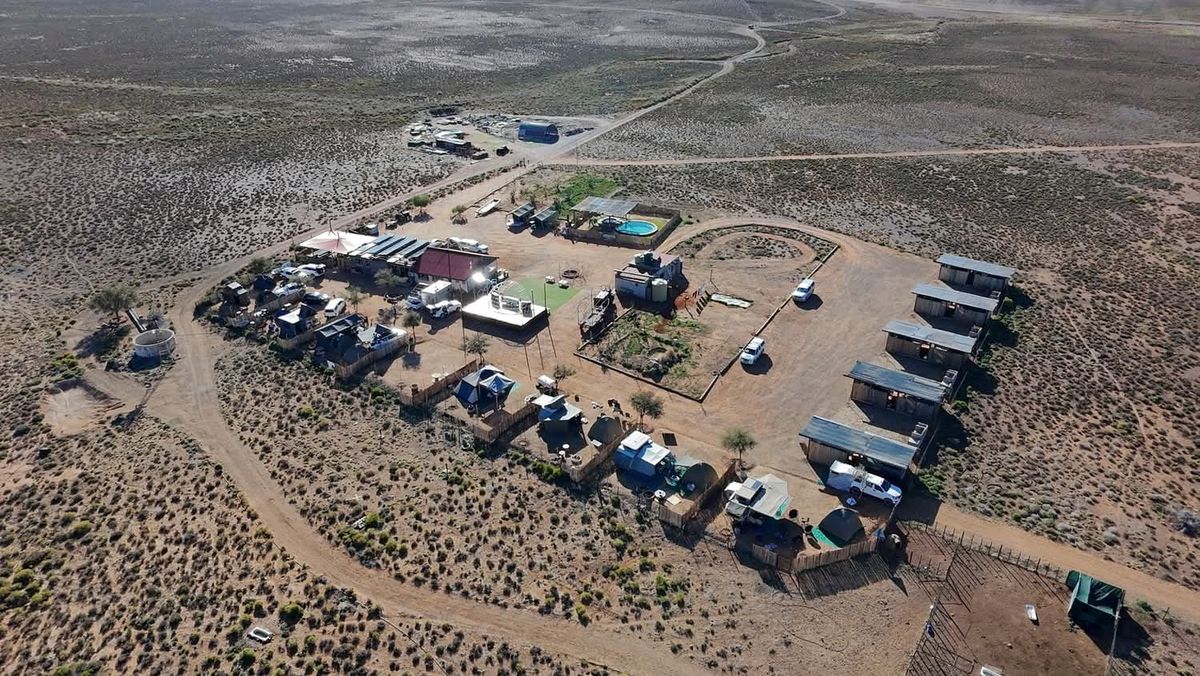 Aerial drone view of Rooidakkies off-grid campsite in the Tankwa Karoo near Ceres